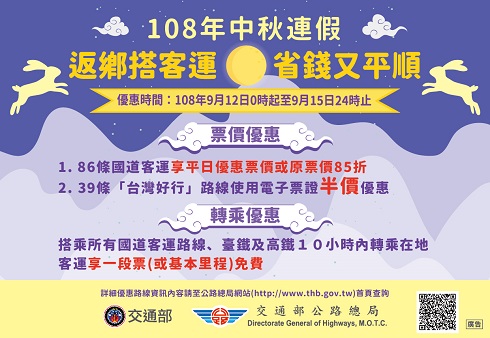 轉知:公路總局於108年中秋連續假期實施國道客運及「台灣好行」票價優惠，以及公共運輸轉乘優惠。